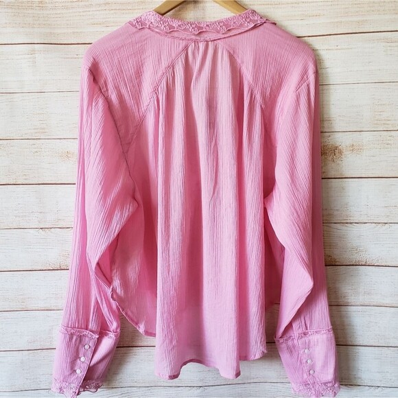 Free People 100% Cotton Clemence Buttondown Blouse Shirt Pink Size Medium - Picture 9 of 13
